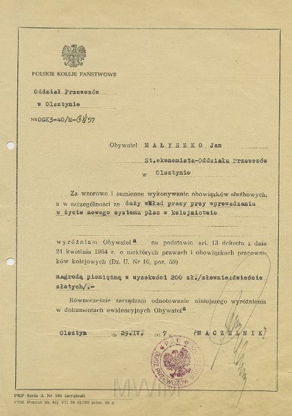 KKE 5629.jpg - Dok. Wyróżnienie wystawione przez Polskie Koleje Państwowe w Olsztynie dla Jana Małyszko, Olsztyn, 29 IV 1957 r.